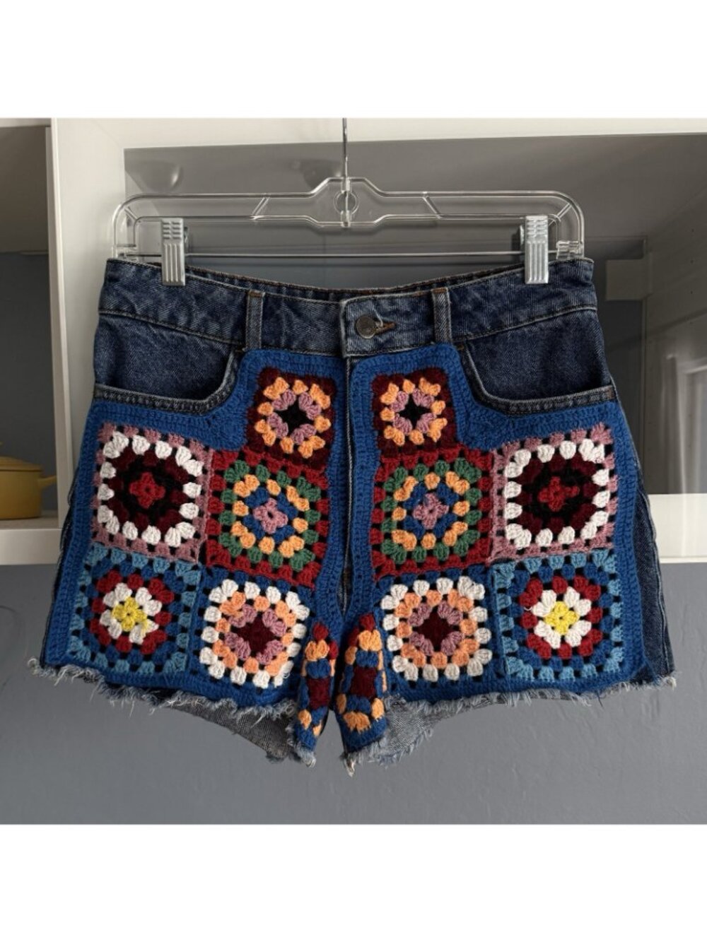 Farm Rio Ultra High-Rise Crochet Denim Shorts Colorful Granny-squares - Picture 4 of 7